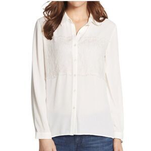CHICO’S White Satin Alita Lace Panel Blouse New Long Sleeve Button Up Size 3